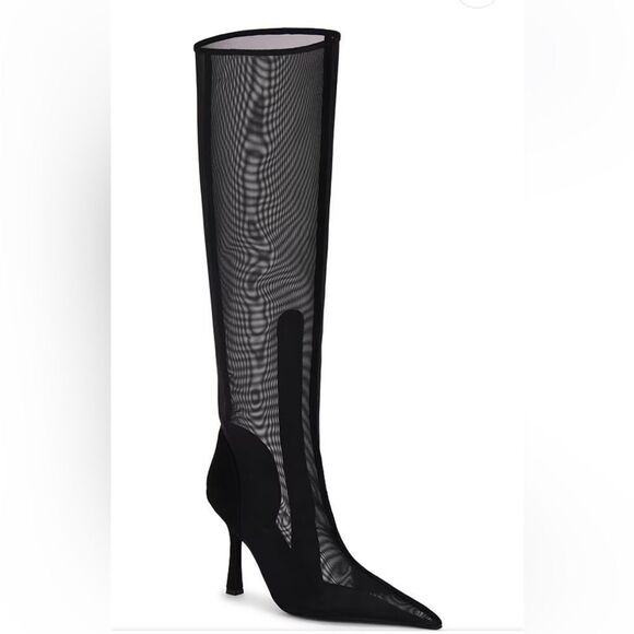 Jeffrey Campbell Revolve Peepshow Boots Black mesh suede high heels shoes 9 FLAW - Picture 5 of 15